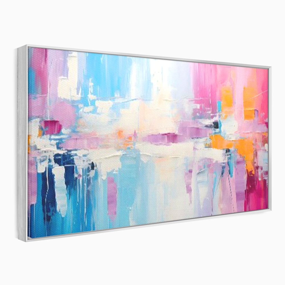 Tablou canvas cu pictura abstracta orizontala in nuante vibrante, in rama de aluminiu argintiu